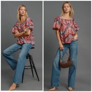 Umgee Boho Puff Sleeve Abstract Print Blouse Square Neck Medium Retro